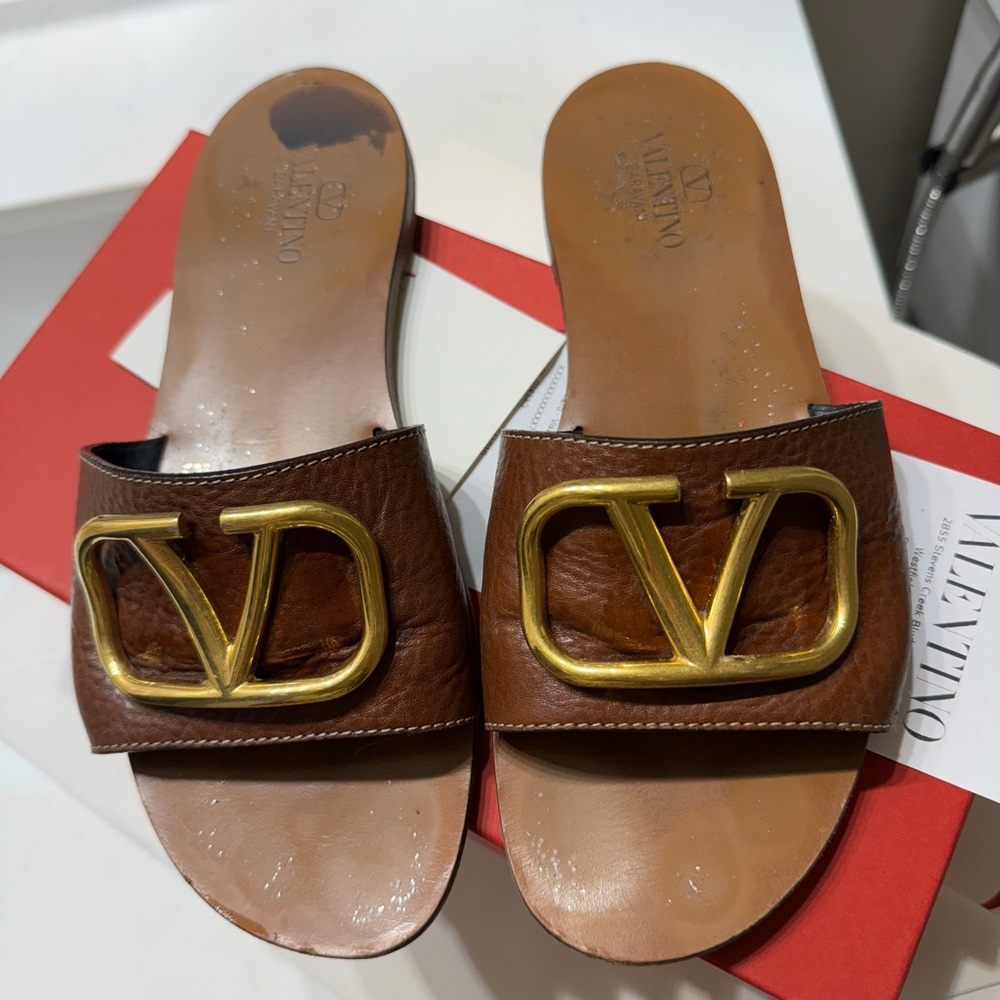 Valentino Leather Sandals in Brown with Gold Emblem
